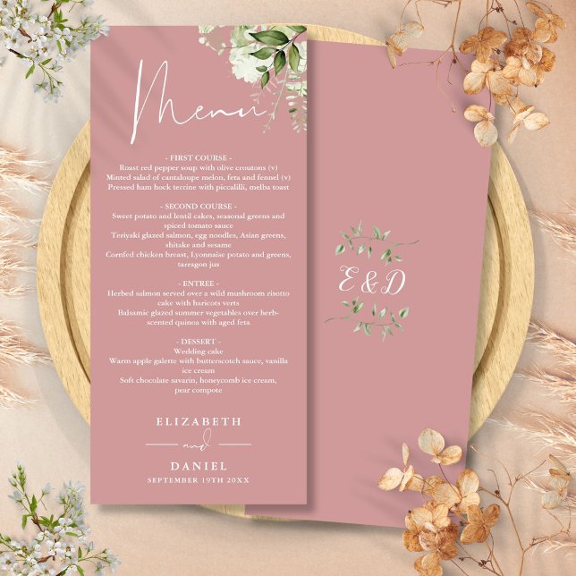 Menu Dusty Rose Floral Monograma Jantar de Casamento co (Dusty Rose Floral Greenery Monogram Wedding Dinner Menu)