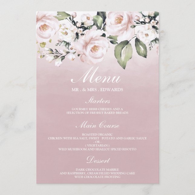 Menu Dusty Rose Pink Blush Aquarela Aniversário Casamen (Frente)