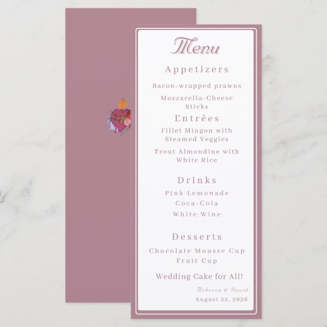 Menu Dusty Rose Two Hearts Catholic Wedding (Frente/Verso)