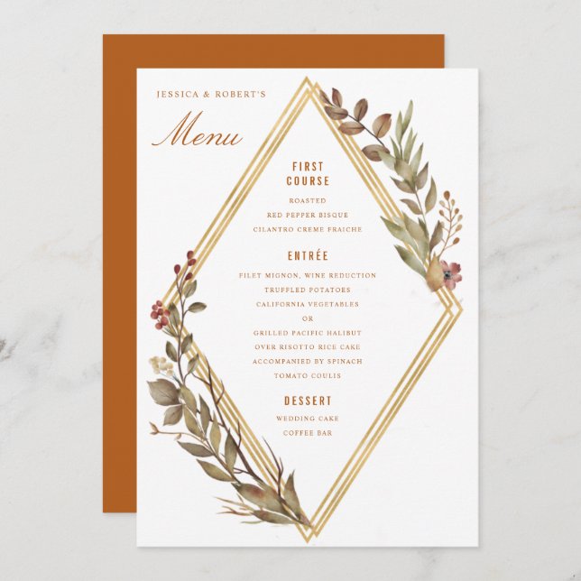 Menu Dusty Sage Dourado Diamond Rust Casamento outono (Frente/Verso)