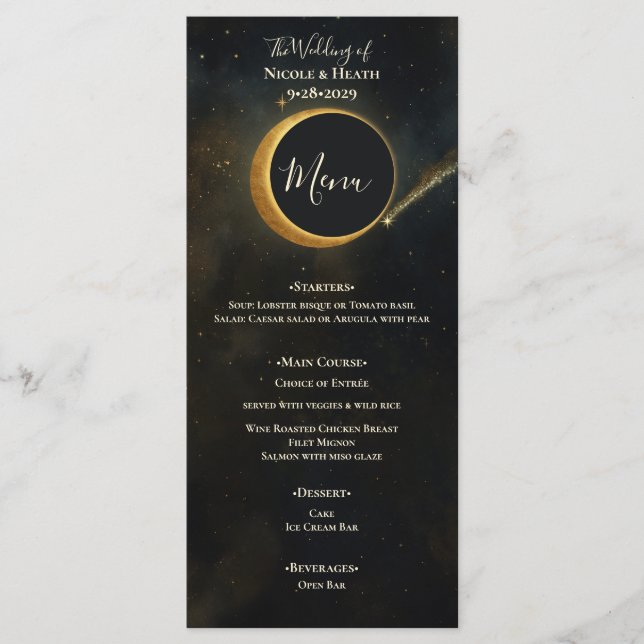 Menu Eclipse de Poeira Estelar Dourada Casamento Celest (Frente)