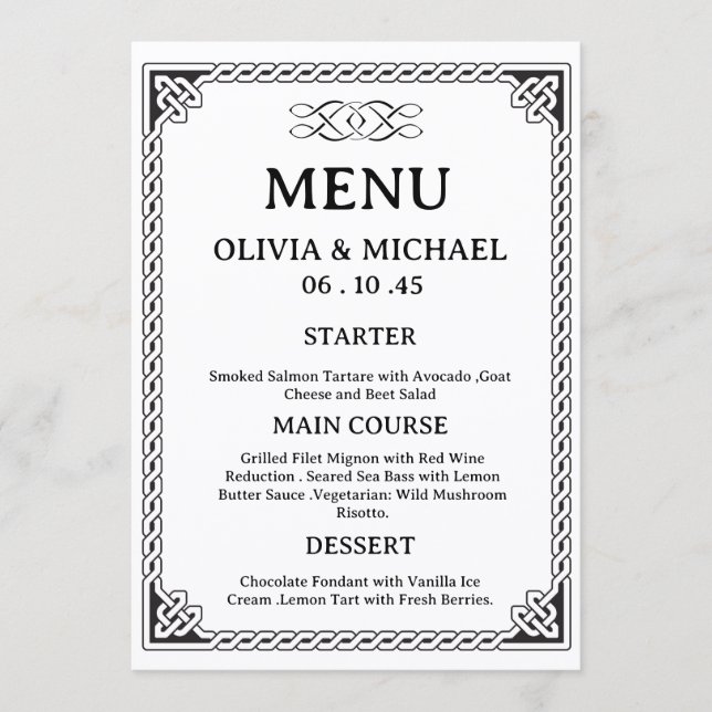 Menu Editable Black & White Irish Celtic Knot Wedding  (Frente)
