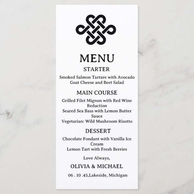 Menu Editable Black & White Trinity Celtic Knot Wedding (Frente)