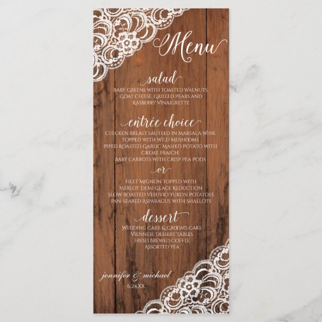 Menu EDITABLE LACE COLOR Rustic Wood Weding Menu (Frente)