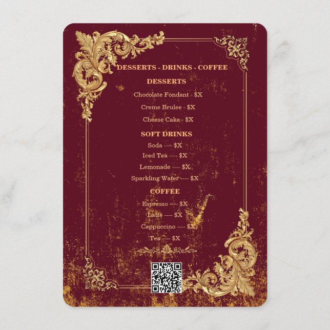 Menu Editável Bordeaux Dourado com Código QR (Verso)
