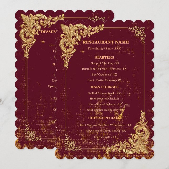 Menu Editável Bordeaux Dourado com Código QR (Frente/Verso)