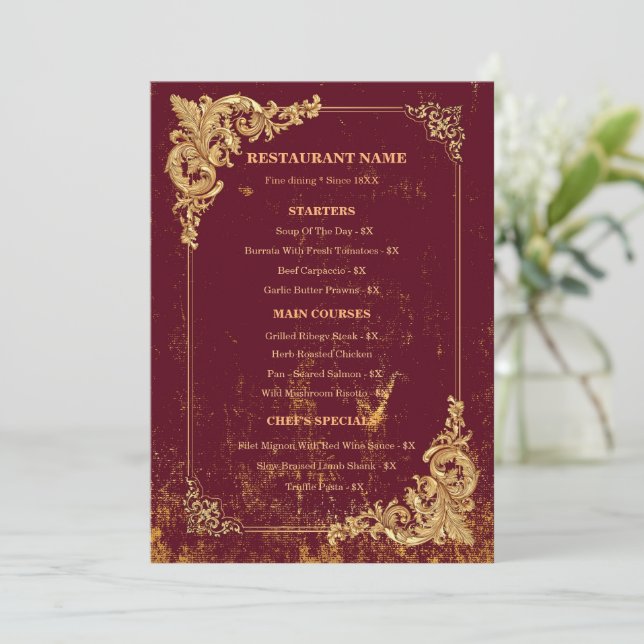 Menu Editável Bordeaux Dourado com Código QR (Em pé/Frente)