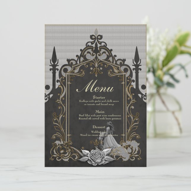 Menu Elegância em prata e preto. (Em pé/Frente)