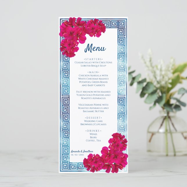 Menu Elegância Grecian de Aquarela + Flores Rosa (Em pé/Frente)