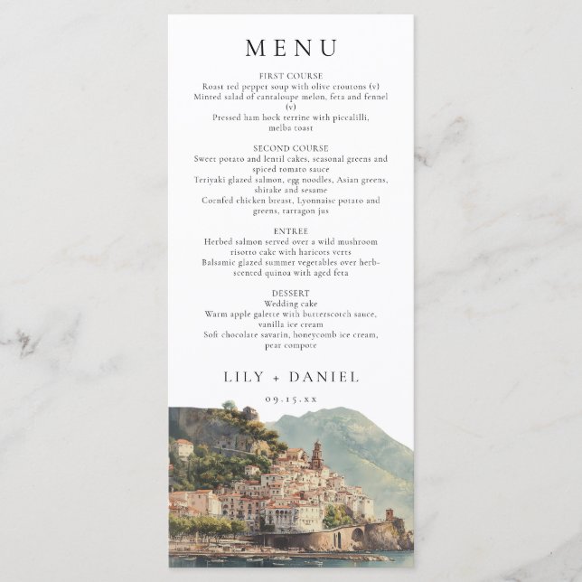 Menu Elegant Amalfi Italian Watercolor Wedding (Frente)