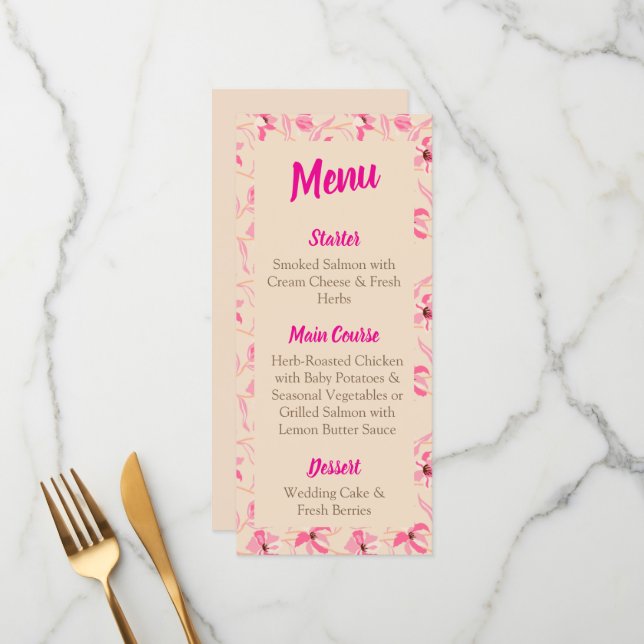 Menu Elegant Beige & Blush Pink Floral Wedding  (Frente/Verso In Situ)