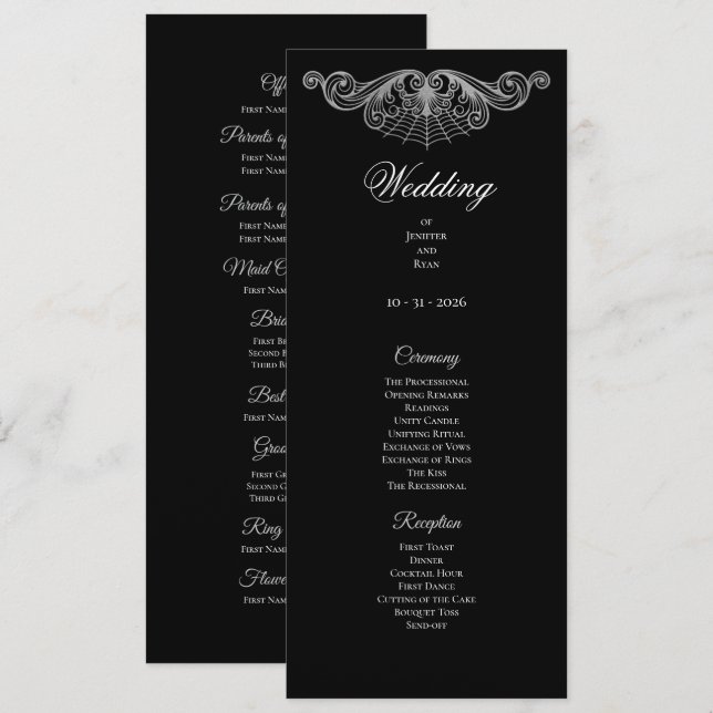 Menu Elegant black and white Gothic Wedding Program (Frente/Verso)