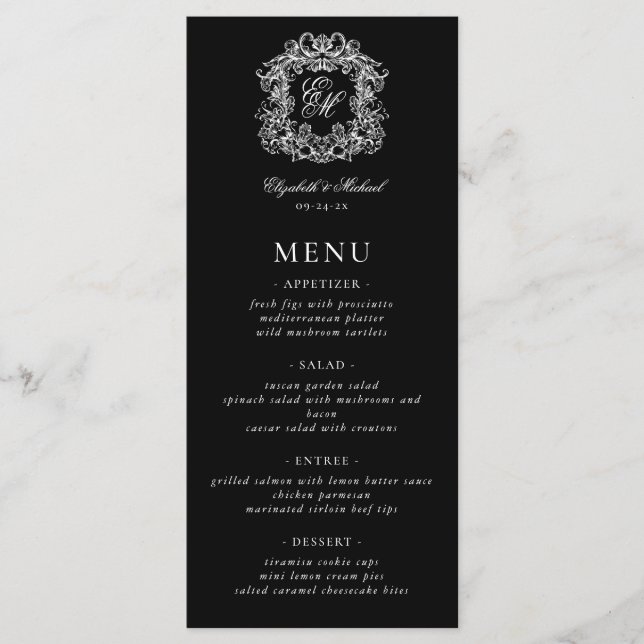 Menu Elegant Black White Formal Monogram Crest Wedding (Frente)