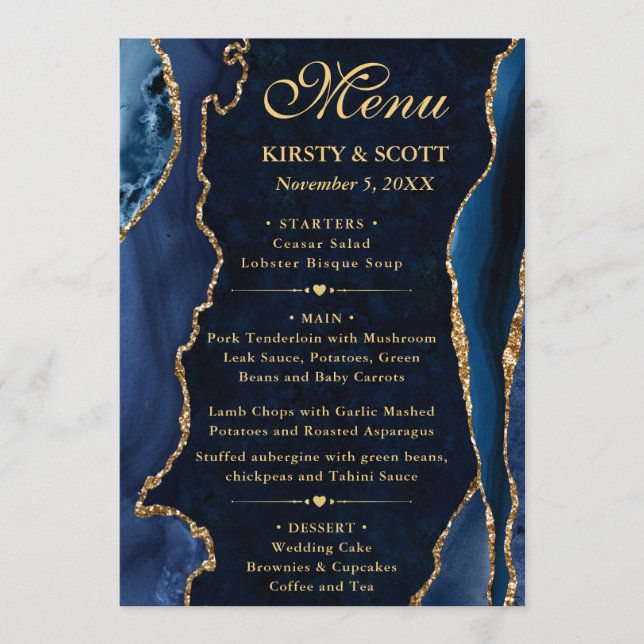 Menu Elegant Blue and Gold Faux Glitter Agate Wedding (Frente)