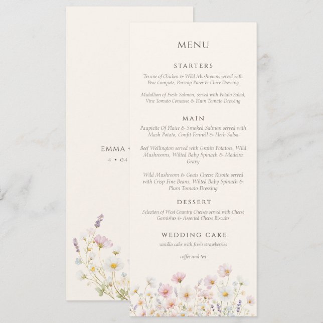 Menu Elegant Boho wildflowers Script Wedding  (Frente/Verso)