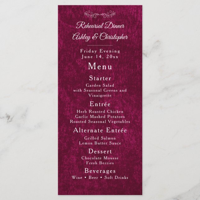 Menu Elegant Burgundy Velvet White Rehearsal Dinner (Frente)