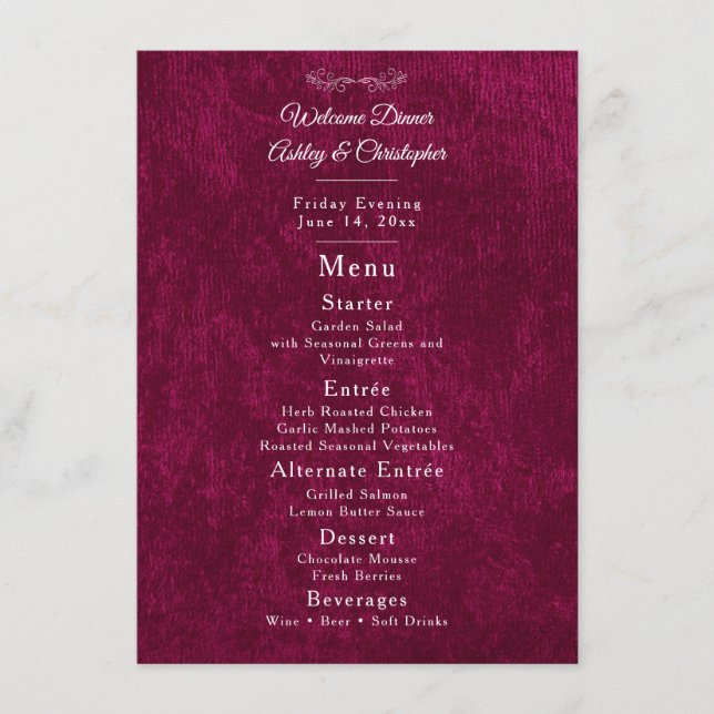 Menu Elegant Burgundy Velvet White Welcome Dinner (Frente)