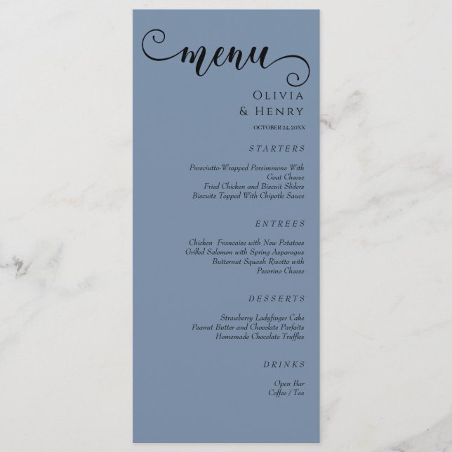 Menu Elegant Calligraphy Minimalist Blue Wedding  (Frente)