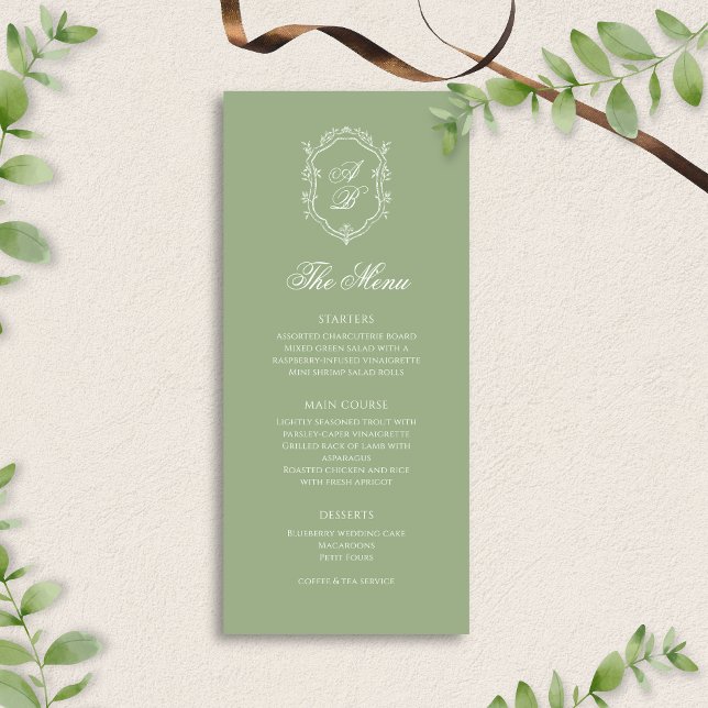 Menu Elegant Classic Sage Green Monogram Crest Wedding (Criador carregado)