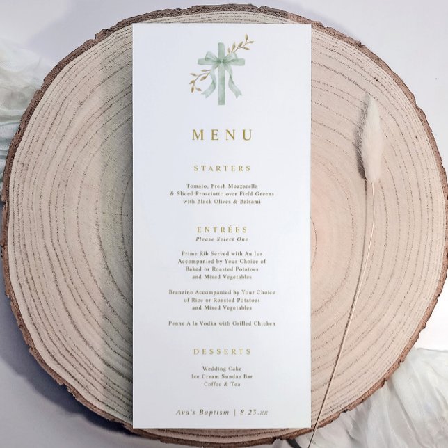 Menu Elegant Cross Sage Botanical Watercolor Baptism (Baptism menu with sage green watercolor cross, bow, and gold script text)