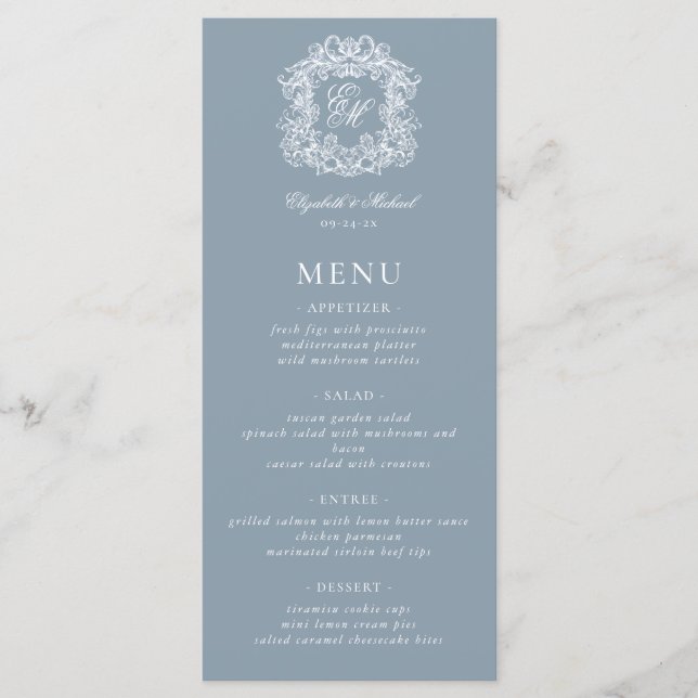 Menu Elegant Dusty Blue Formal Monogram Crest Wedding (Frente)