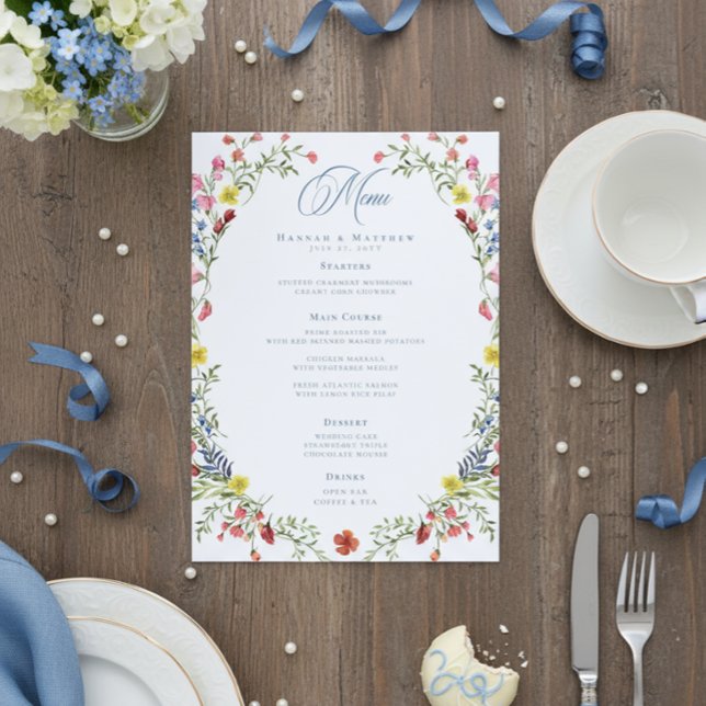 Menu Elegant Dusty Blue Pastel Wildflower Crest Wedding (Criador carregado)