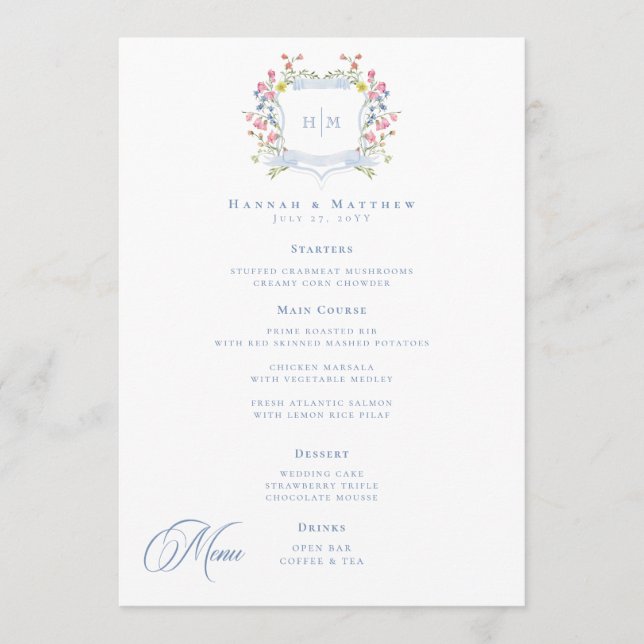 Menu Elegant Dusty Blue Pastel Wildflower Crest Wedding (Frente)