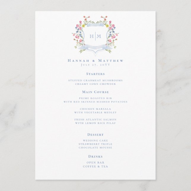 Menu Elegant Dusty Blue Pastel Wildflower Crest Wedding (Frente)