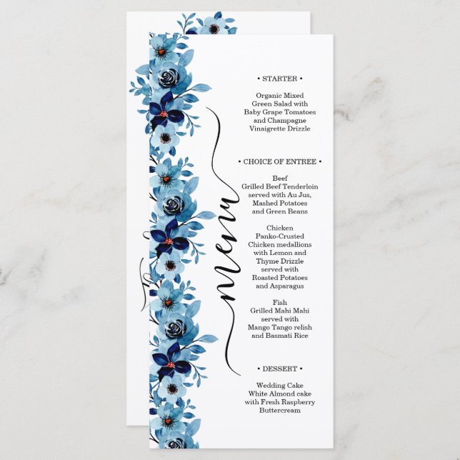 Menu elegant dusty Blue watercolor flower bouquet (Frente/Verso)