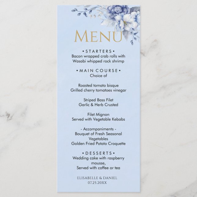 Menu Elegant Dusty Powder Blue Floral Wedding Dinner (Frente)