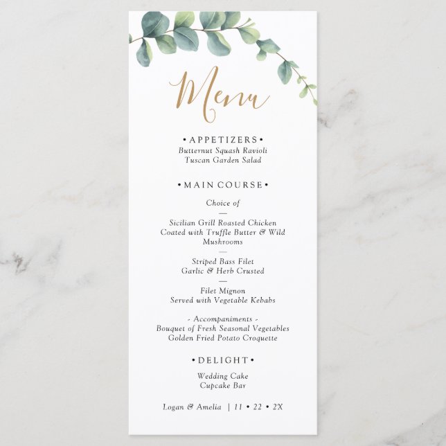 Menu Elegant  Eucalyptus Greenery Wedding  (Frente)