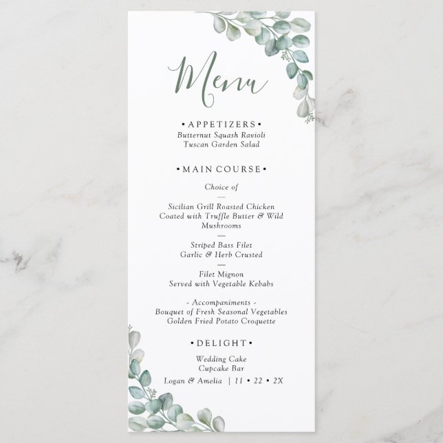 Menu Elegant  Eucalyptus Greenery Wedding  (Frente)