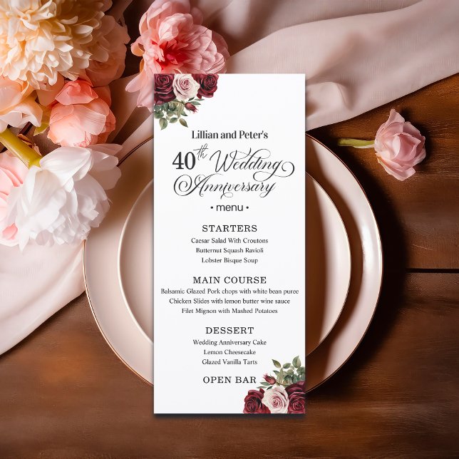 Menu Elegant Floral 40th Wedding Anniversary (Criador carregado)