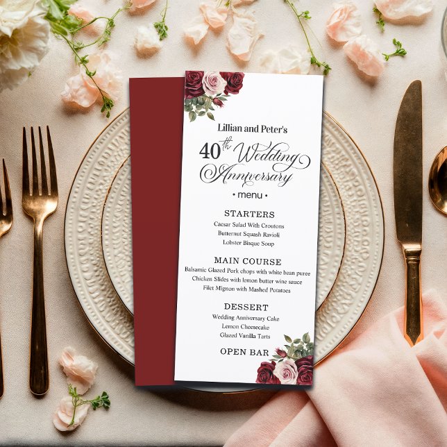 Menu Elegant Floral 40th Wedding Anniversary (Criador carregado)