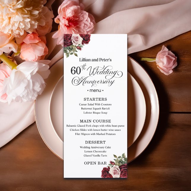 Menu Elegant Floral 60th Wedding Anniversary (Criador carregado)