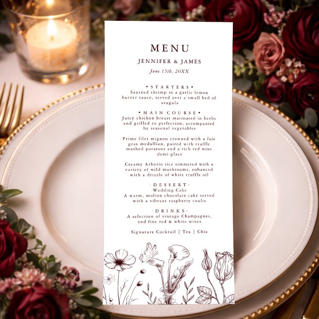 Menu Elegant Floral Burgundy Wedding  (Criador carregado)