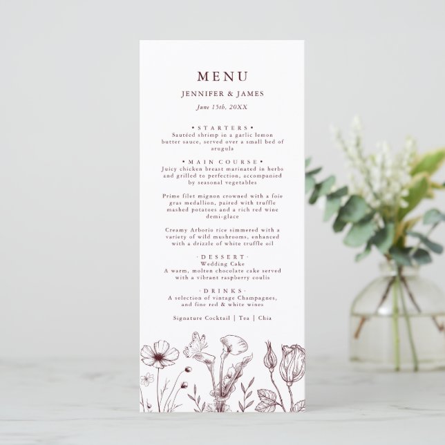 Menu Elegant Floral Burgundy Wedding  (Em pé/Frente)