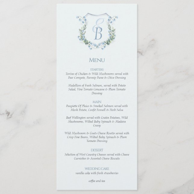 Menu Elegant Floral Crest Monogram Wedding  (Frente)