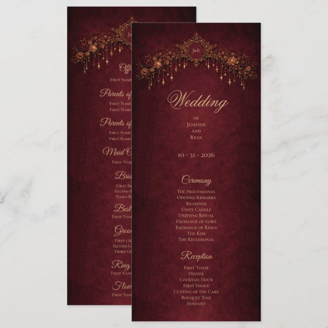 Menu Elegant floral Gothic Halloween Wedding Program (Frente/Verso)