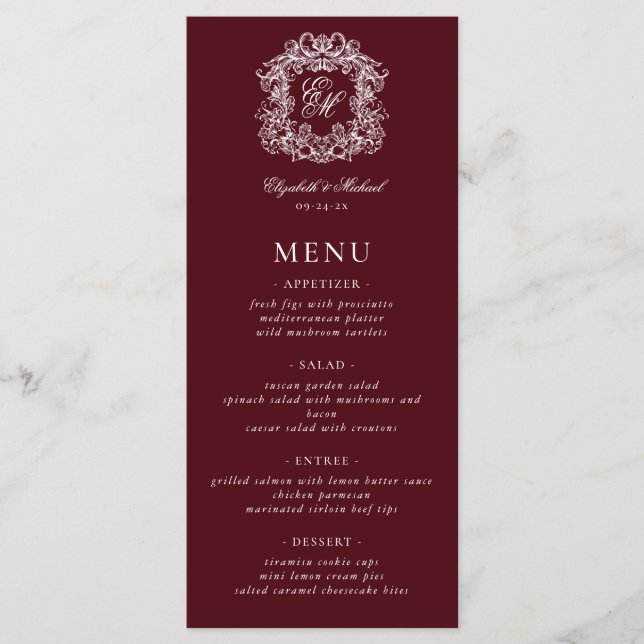 Menu Elegant Formal Monogram Crest Burgundy Wedding (Frente)