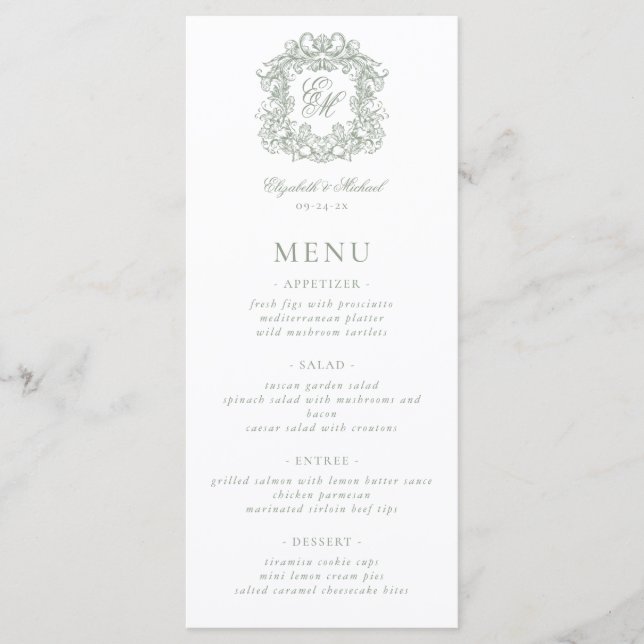 Menu Elegant Formal Monogram Crest Sage Green Wedding (Frente)