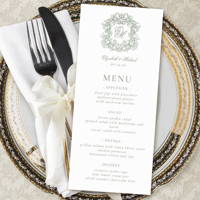 Menu Elegant Formal Monogram Crest Sage Green Wedding (Criador carregado)