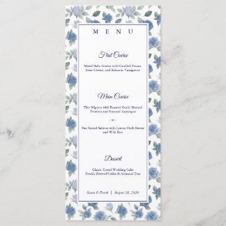 Menu Elegant French Blue Rose Watercolor Wedding