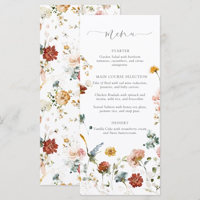 Menu Elegant Garden Flowers Watercolor Bridal Shower (Frente/Verso)