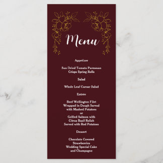 Menu Elegant Gold Floral Deep Burgundy Wedding 