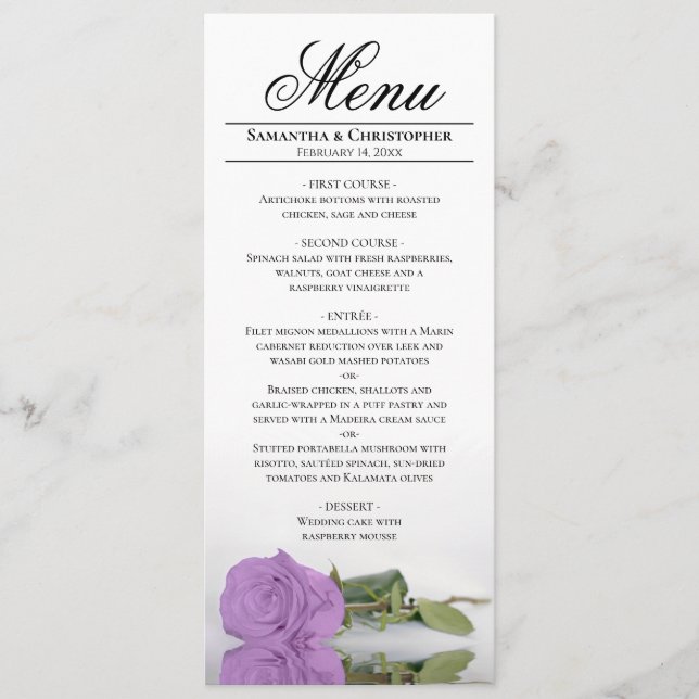 Menu Elegant Long Stemmed Lilac Purple Rose Wedding (Frente)