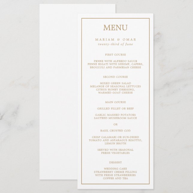Menu Elegant Minimalist Border Gold Wedding Dinner (Frente/Verso)