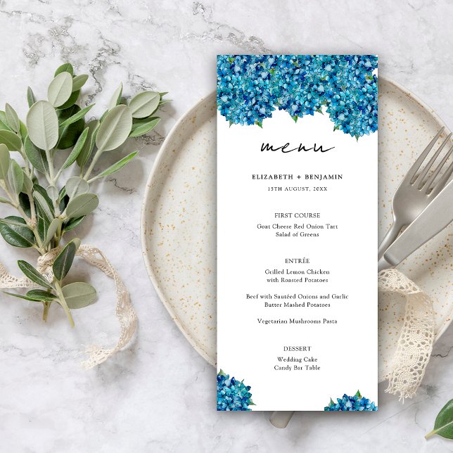 Menu  Elegant Modern Blue Hydrangeas Floral Wedding (Criador carregado)