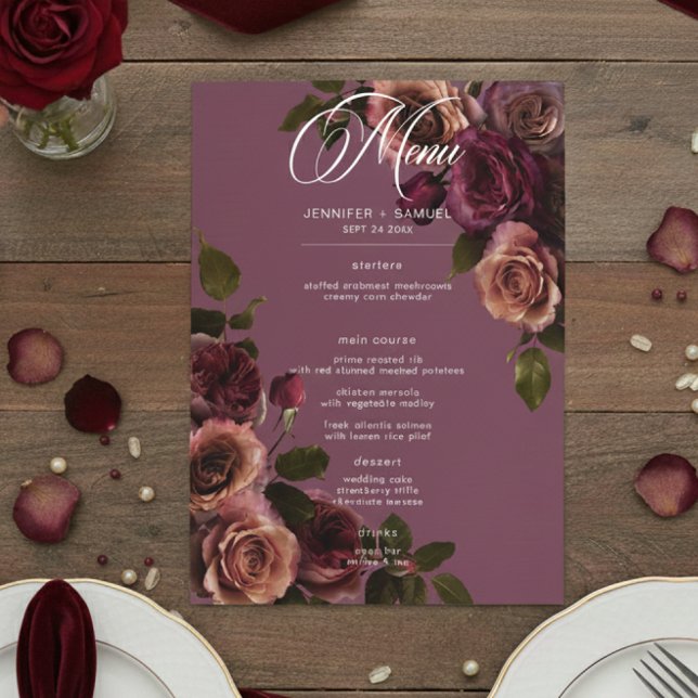 Menu Elegant Moody Soft Rust & Burgundy Floral Wedding (Criador carregado)