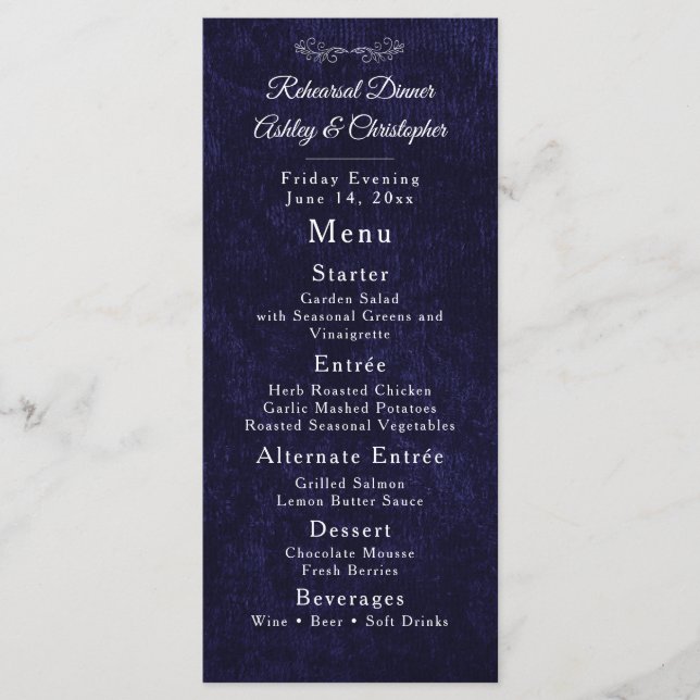 Menu Elegant Navy Blue White Rehearsal Dinner (Frente)